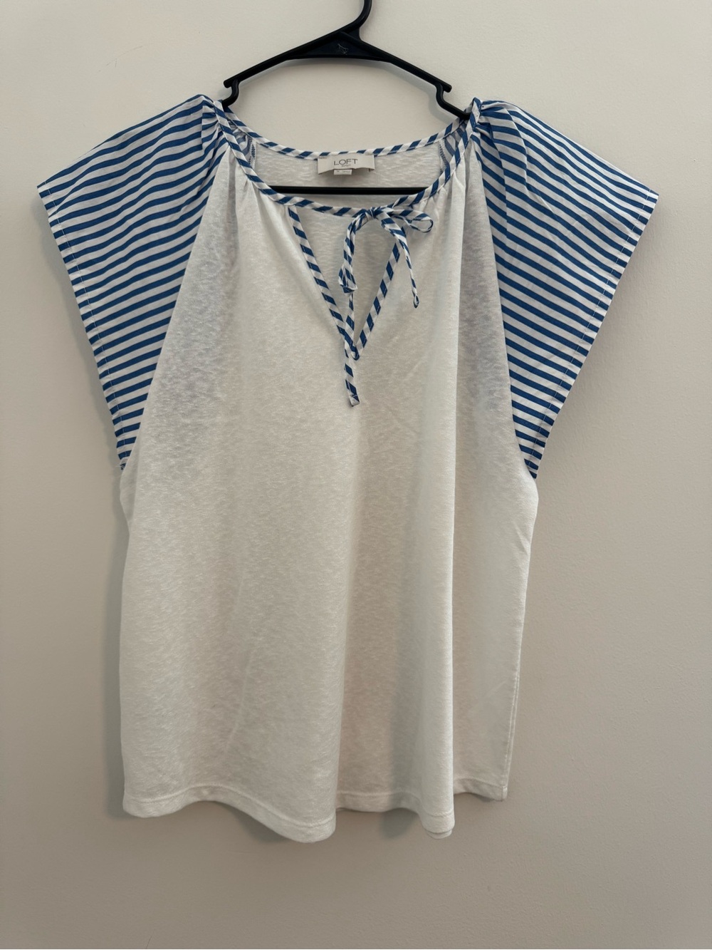 LOFT White & Blue Striped Sleeve Tie-Neck Top